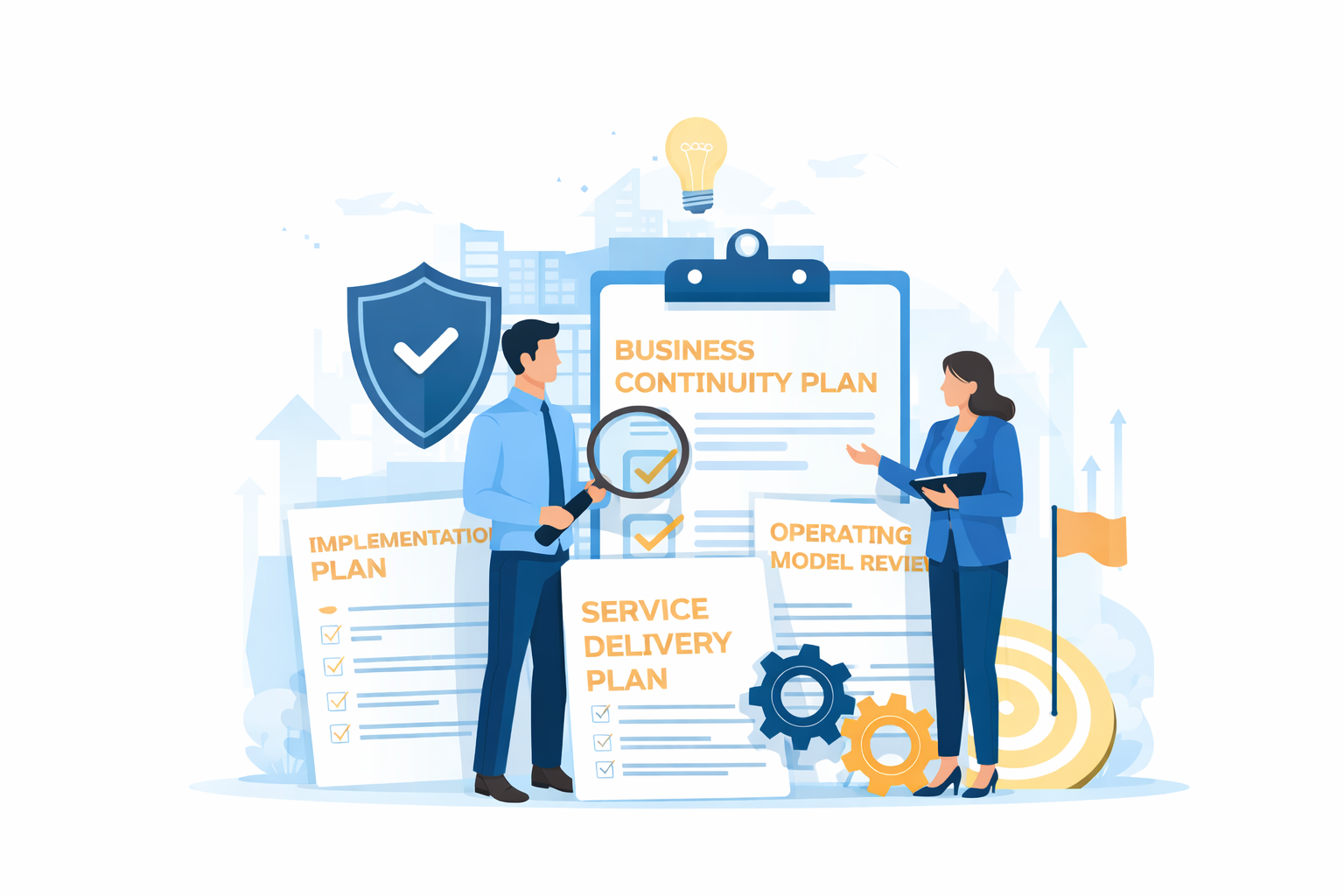 Illustration of two people reviewing a business continuity plan with icons and text on a white background.