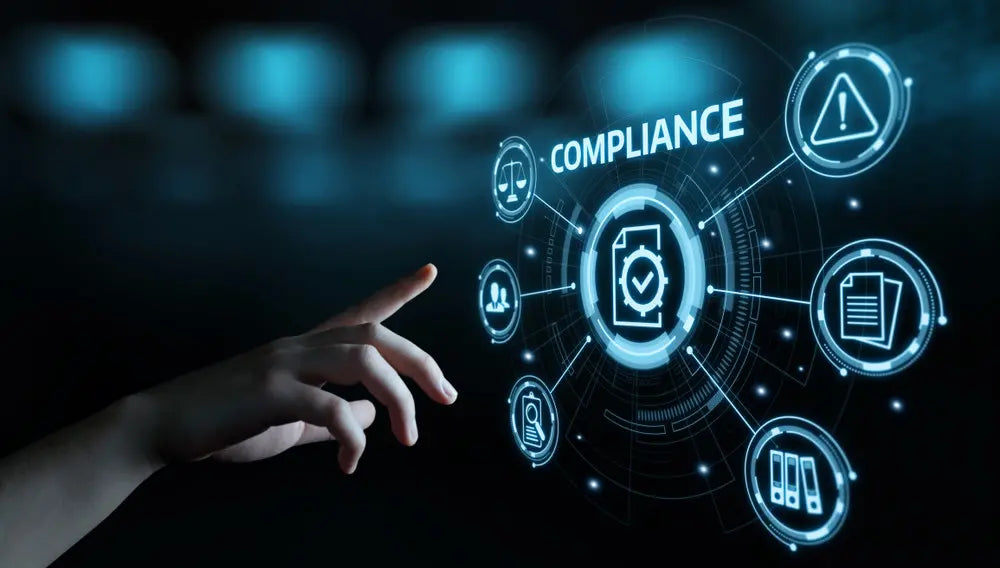 Hand interacting with a digital compliance interface on a dark background