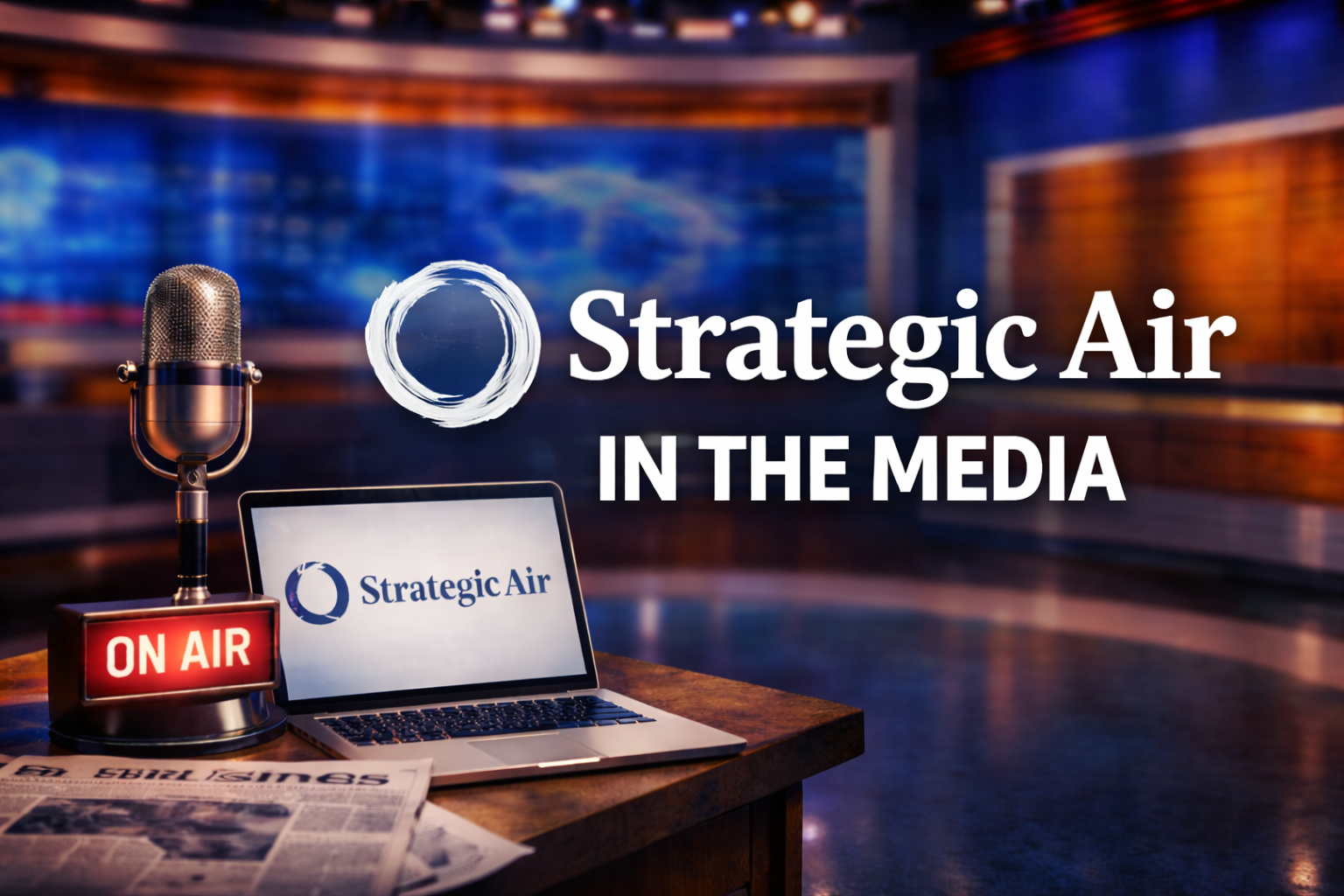 News studio setup with laptop, microphone, and 'Strategic Air' branding.